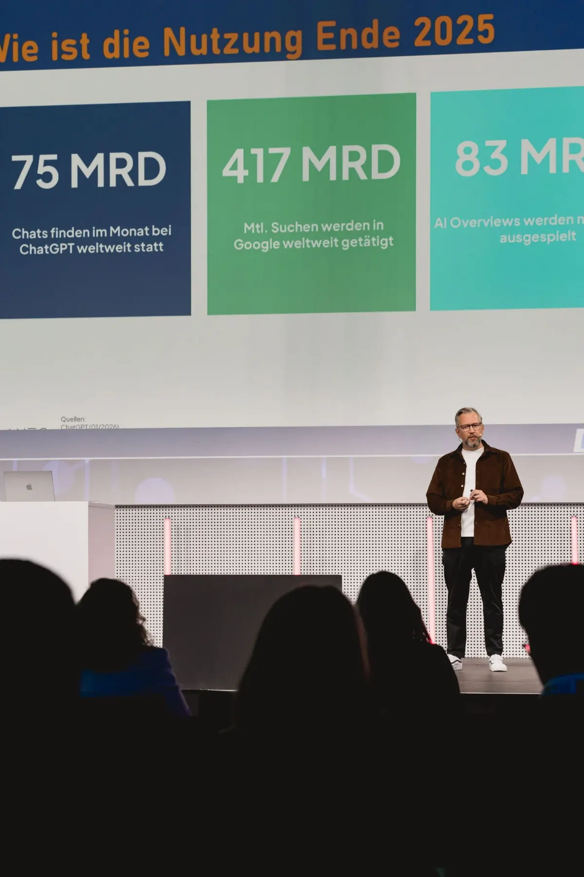 Tim Klötzing auf der Bühne des Automotive Business Day, hinter ihm eine Folie mit Nutzungszahlen zu ChatGPT, Google und AI Overviews